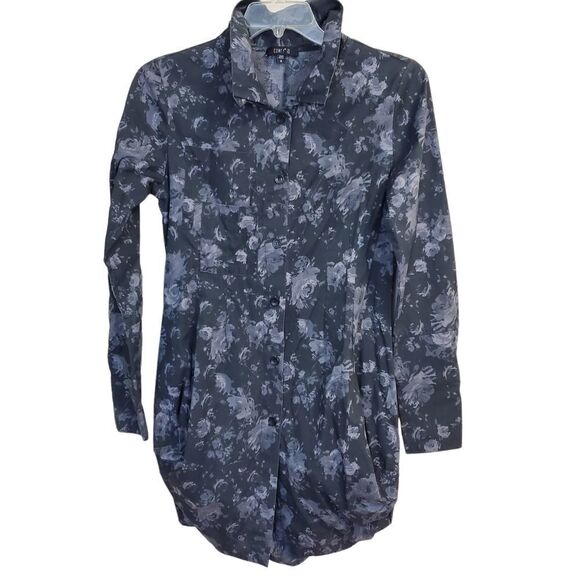 Comfy USA Tokyo Size S Button up Dress Tunic Jacket Gray Floral Long Sleeve - Picture 2 of 13